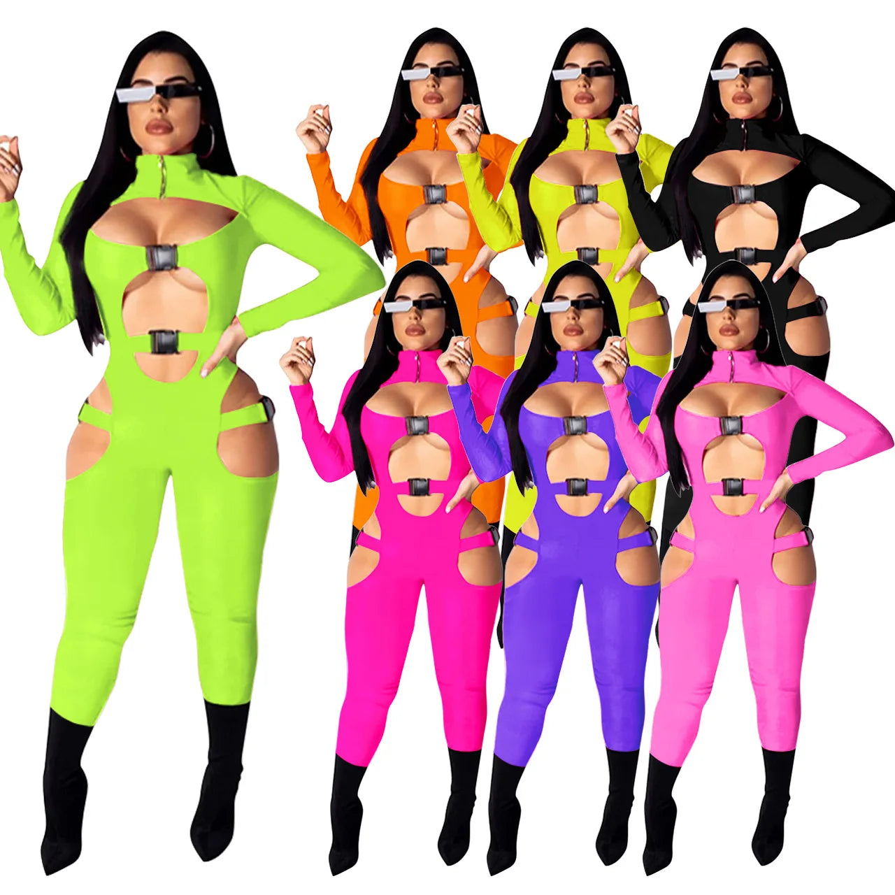 Fall Women Fashion Neon Green Jumpsuits Zipper Buckle Sexy Hollow Out Rompers Female Casual Street Night Club Wear Playsuit Pink