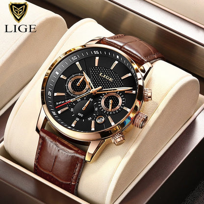 New Mens Watches LIGE Top Brand Luxury Leather Casual Quartz Watch Men's Sport Waterproof Clock Watch Relogio Masculino+Box