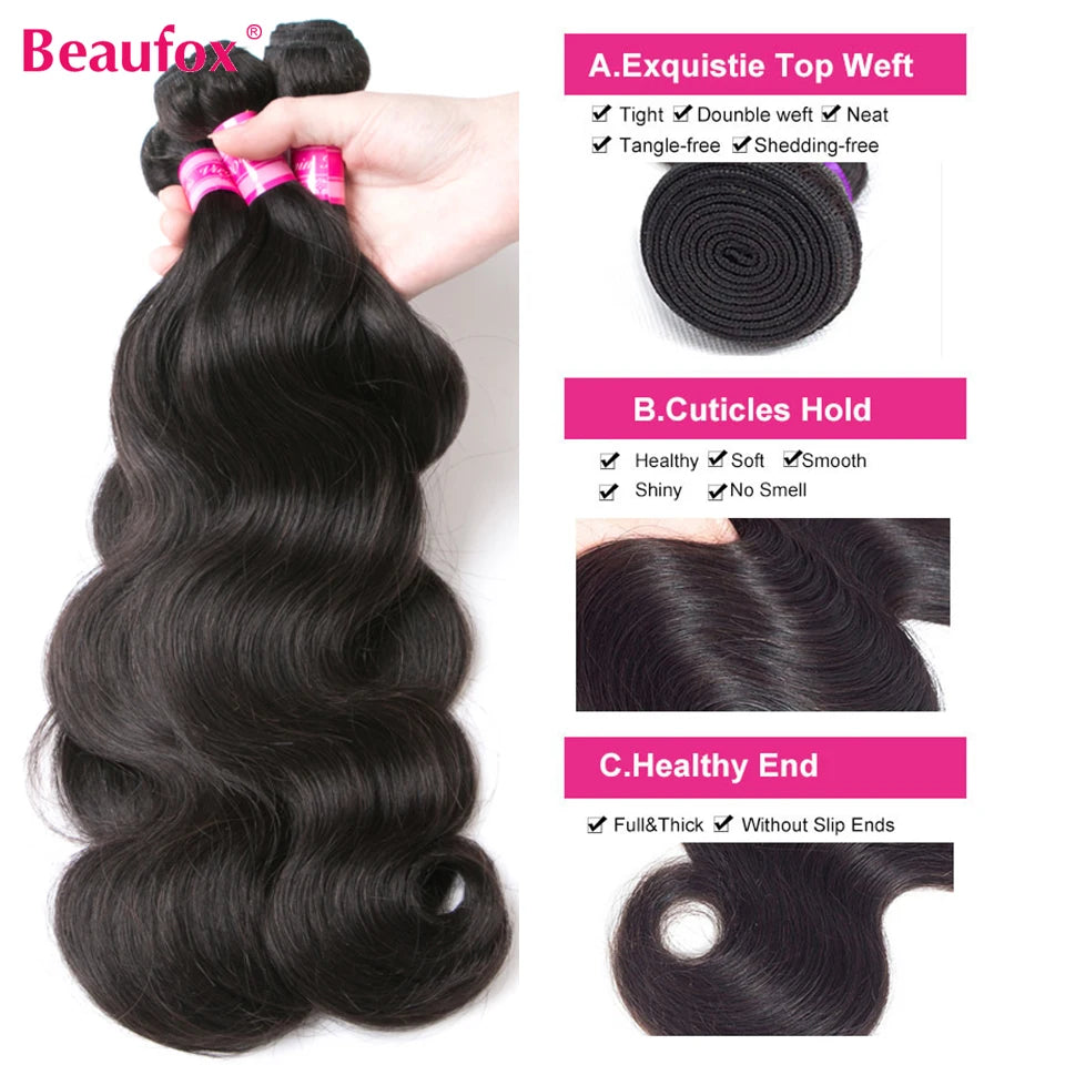 Beaufox Body Wave Bundles brasilianische Haar-Weave-Bündel 1/3/4 Stk. Echthaar-Bündel Natur-/Tiefschwarz 8-30" Remy Haarverlängerungen