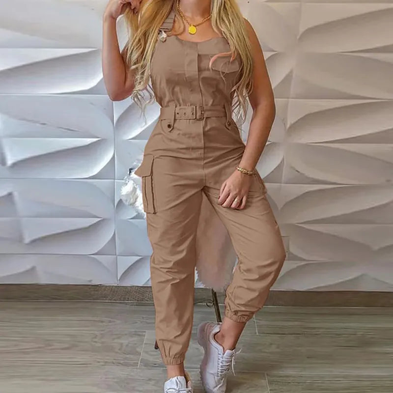 Strap Jumpsuit Women Loose Dungarees Long Rompers Summer Solid Pockets Cargo Pants Female Casual Work Out Playsuits