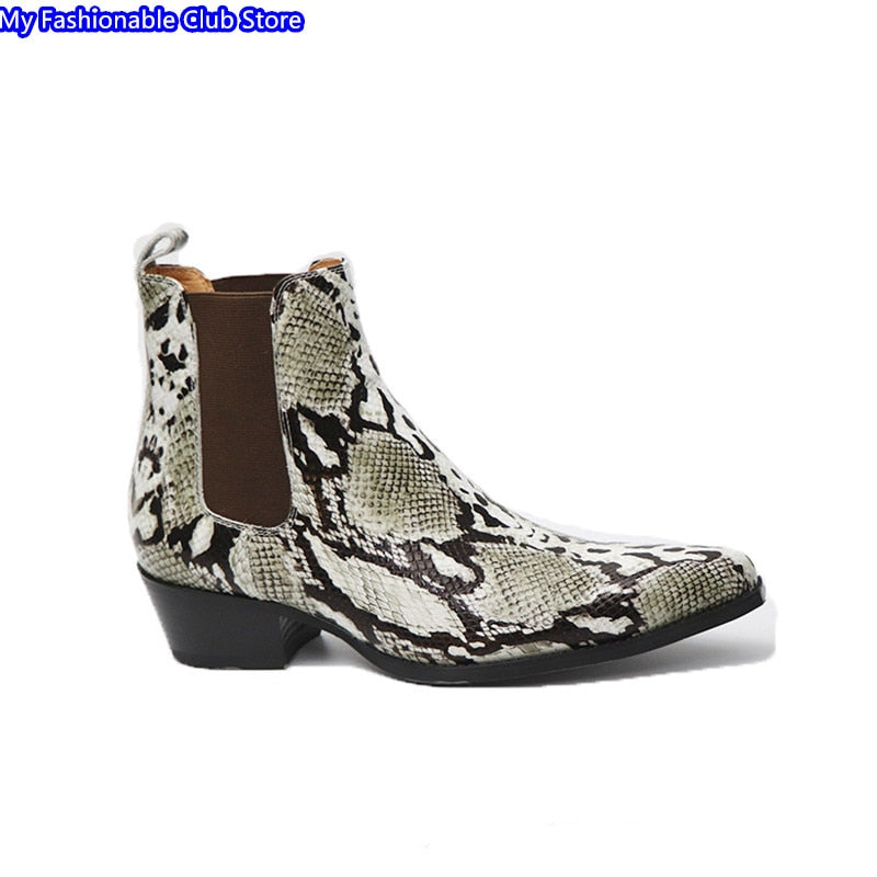 Mens Chelsea Boots Leather Snakeskin Autumn Winter High Ankle Shoes Men Fashion Personality Design Boots New Slip On Retro Boots