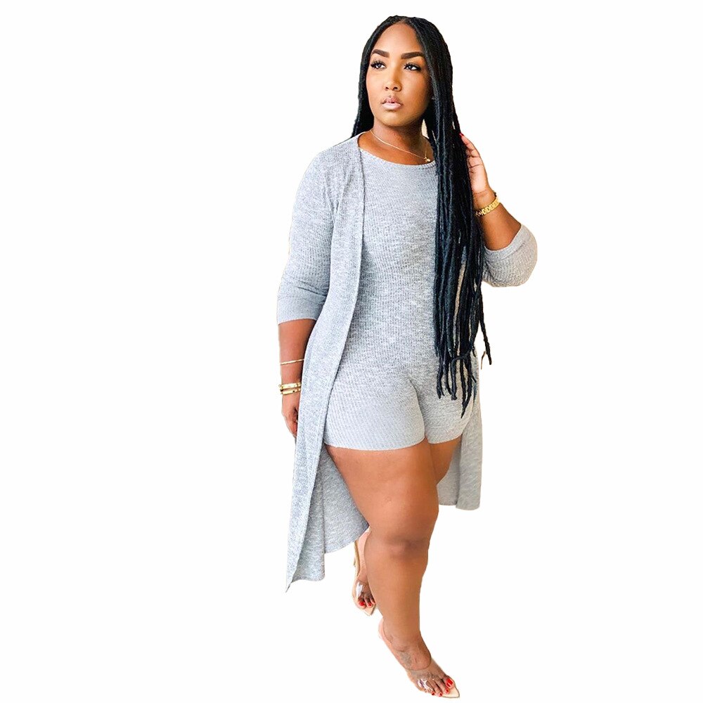 Women Plus Size Casual Two Piece Sets 2021 Spring New Arrivals O-neck Skinny Short Jumpsuits Long Sleeve Midi Cardigan Outfits