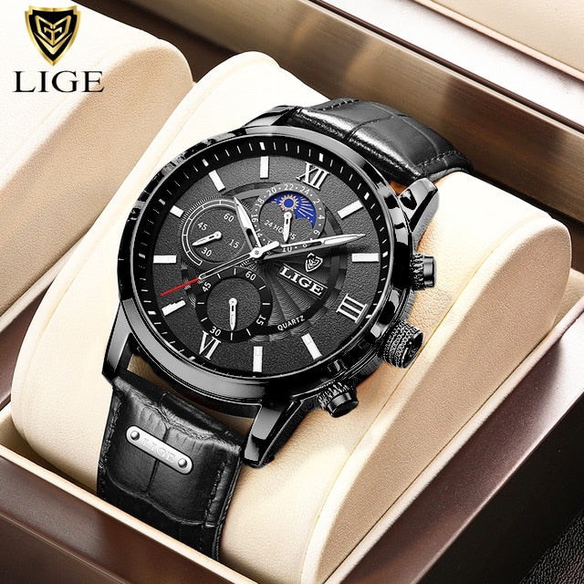 Mens Watches LIGE Top Brand Luxury Leather Casual Quartz Watch Men Sport Waterproof Clock Watch