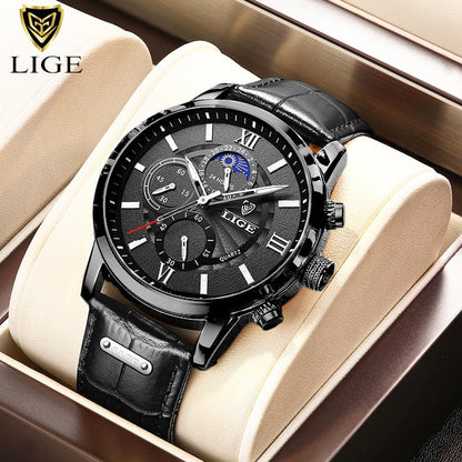 New Mens Watches LIGE Top Brand Luxury Leather Casual Quartz Watch Men's Sport Waterproof Clock Watch Relogio Masculino+Box
