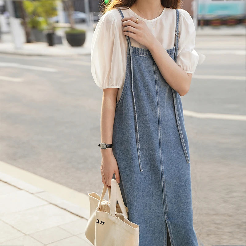 Summer Sleeveless Dress Women Vintage Split Harajuku Korean Sundress Blue Mid-calf Adjustable Strap High Street Simple Irregular