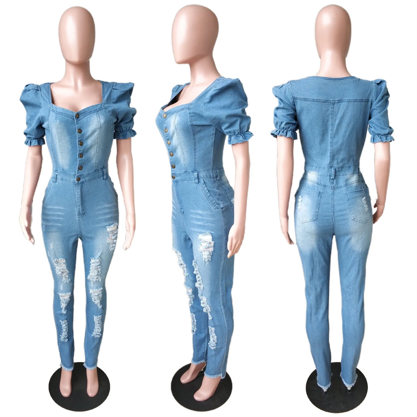 Women Buttons Sexy Denim Jumpsuit Hole Long Rompers Pocket Bodycon Summer Jeans Overalls Casual Fashion Party Club Playsuit