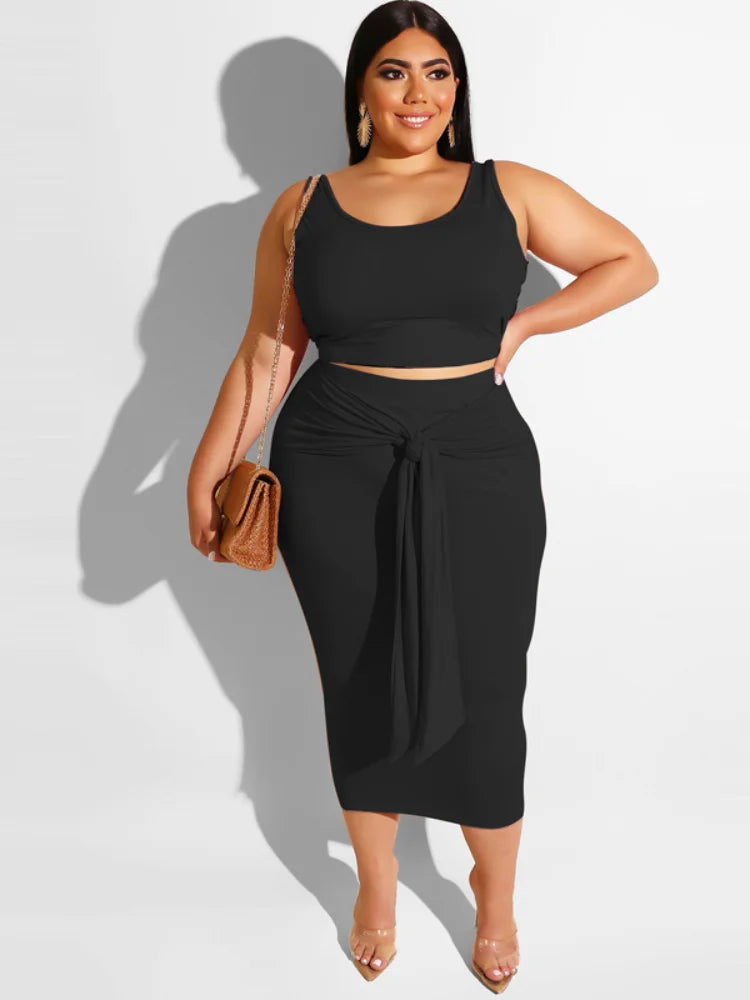 CM.YAYA Women Sets Plus Size Solid Tank Tops Bandage Sheath Elastic Long Skirts Two 2 Piece Set Tracksuit Summer Outfit 2021