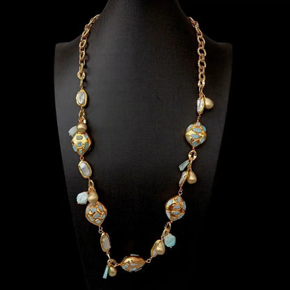 KKGEM natural blue larimar chips beads  natural Cultured White Biwa Pearl pave Gold Plated Chain Long Necklace 30"