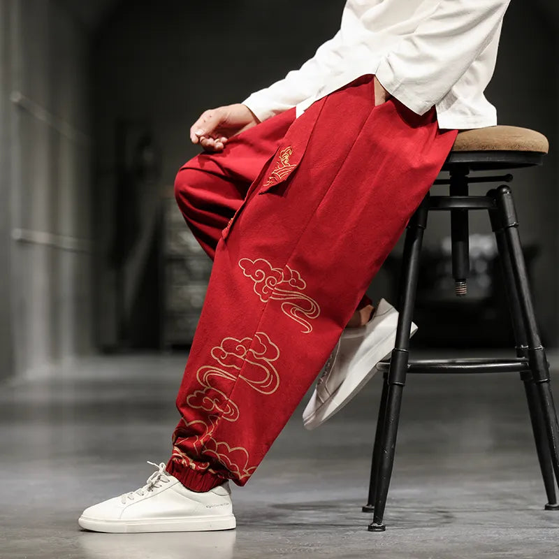 Chinese Style Retro Auspicious Clouds Print Pants Men Clothing Autumn Fashion Clothes Loose Casual Pants Plus Size Harem Pants