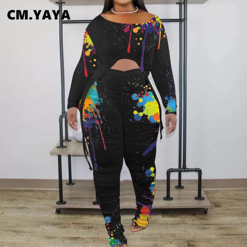 Lemon Gina Women Plus Size Tracksuit Splash Ink Crop Shirring Tops + Pants Two 2 Piece Sets Active Sportswear Casual Autumn