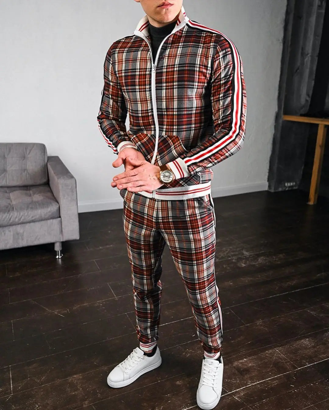 Mens Tracksuits Colorful Plaid Casual Zipper Hoodie Set 3D Print Set New Autumn Male Sweatshirt Clothes For Men