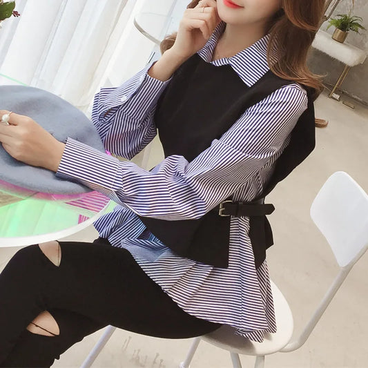 Two Piece Blouse Women Long Sleeve Vest And Blouse Korean Stripe Shirts Spring Autumn Tops blusas mujer