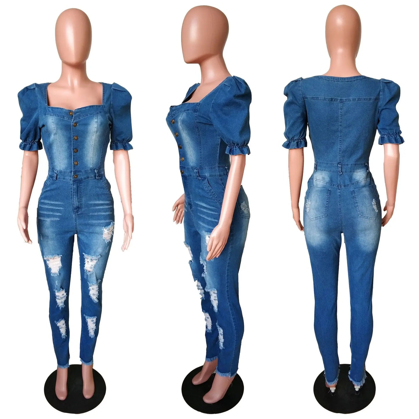 Women Buttons Sexy Denim Jumpsuit Hole Long Rompers Pocket Bodycon Summer Jeans Overalls Casual Fashion Party Club Playsuit