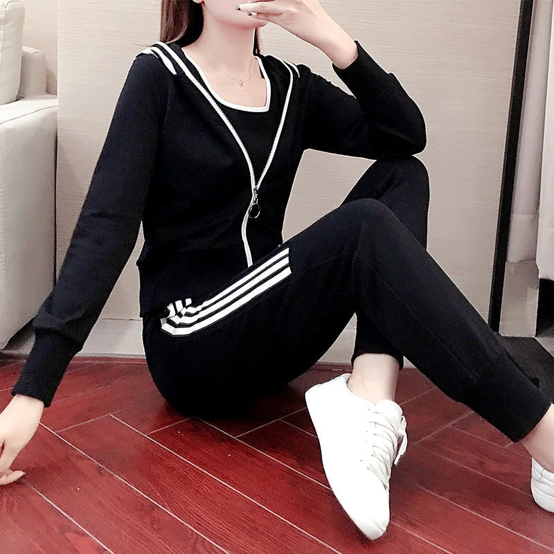 Women's Tracksuit Spring Autumn New Korean Fashion Loose Cropped Hoodie Coat Vest Pants Three Piece Set Jogging Suits For Women