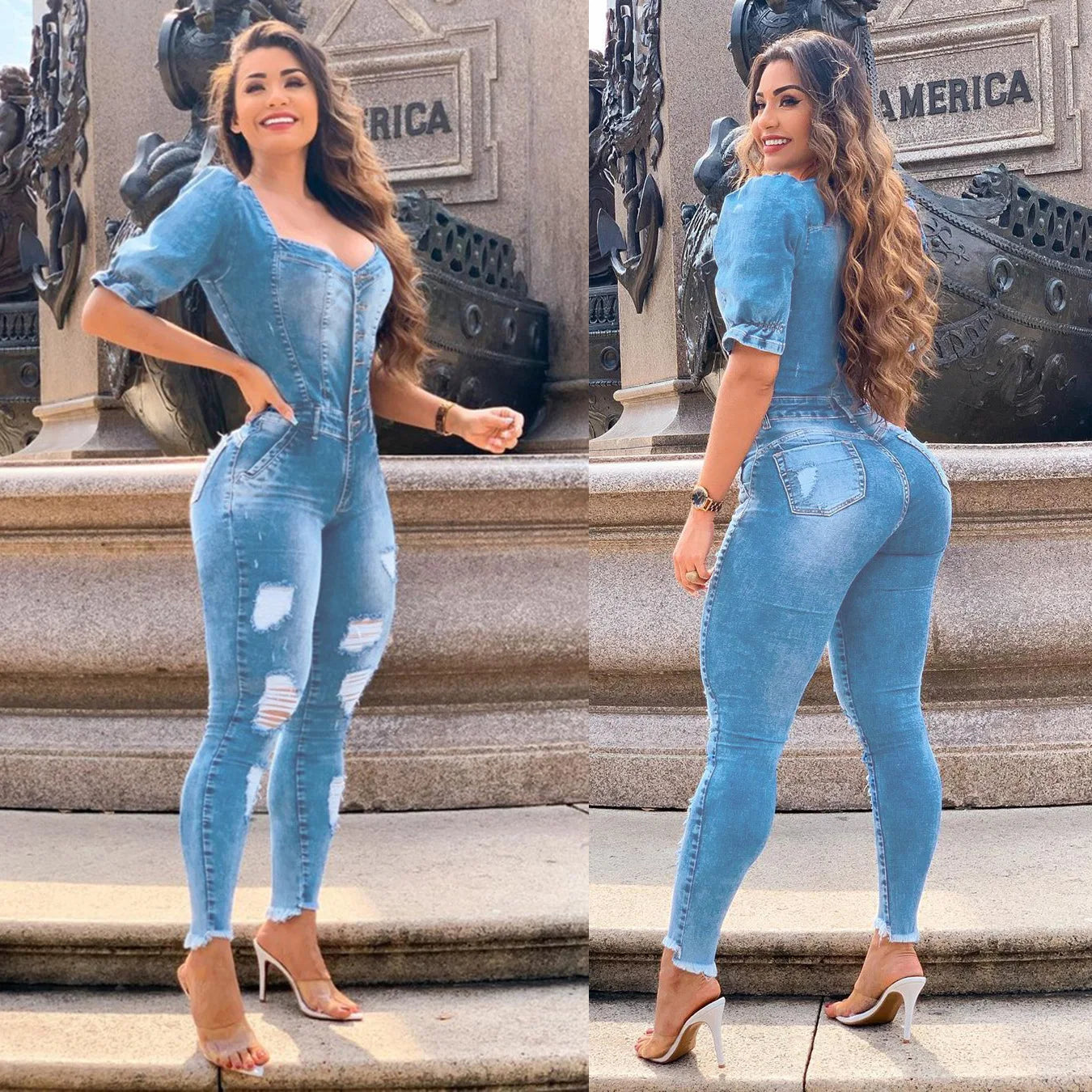 Women Buttons Sexy Denim Jumpsuit Hole Long Rompers Pocket Bodycon Summer Jeans Overalls Casual Fashion Party Club Playsuit