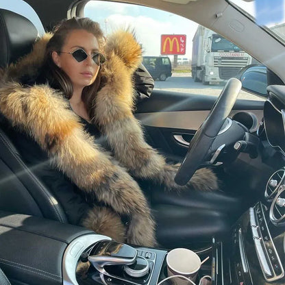 MAOMAOKONG  Winter Women Coat Natural Fox Fur Collar Cuff Black Jackets Outwear Thick Luxury Real Fur Parka Women's Fur Coat
