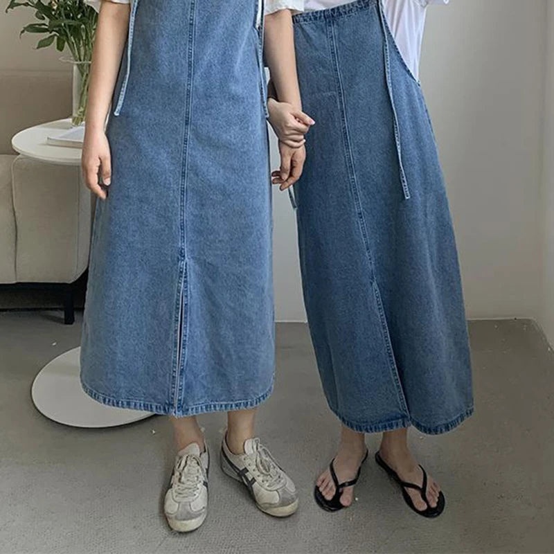 Summer Sleeveless Dress Women Vintage Split Harajuku Korean Sundress Blue Mid-calf Adjustable Strap High Street Simple Irregular