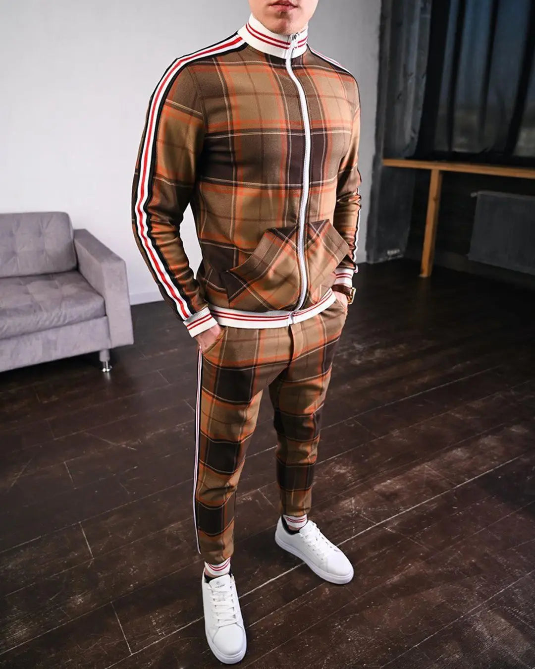 Mens Tracksuits Colorful Plaid Casual Zipper Hoodie Set 3D Print Set New Autumn Male Sweatshirt Clothes For Men