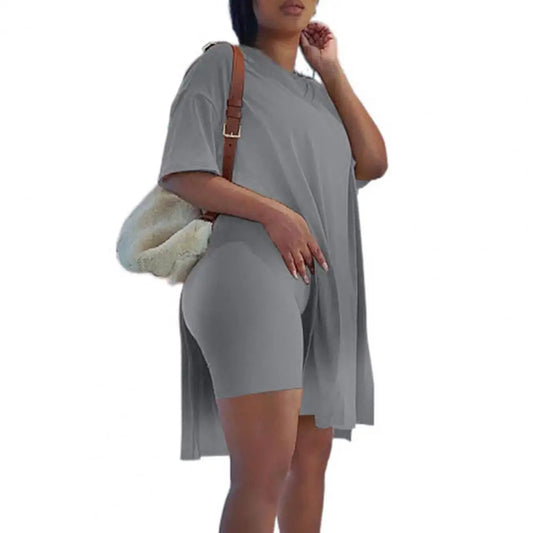 Short Sleeve Solid Color Women Outfit Two Piece Tunic Top Bodycon Shorts Set for Lounge