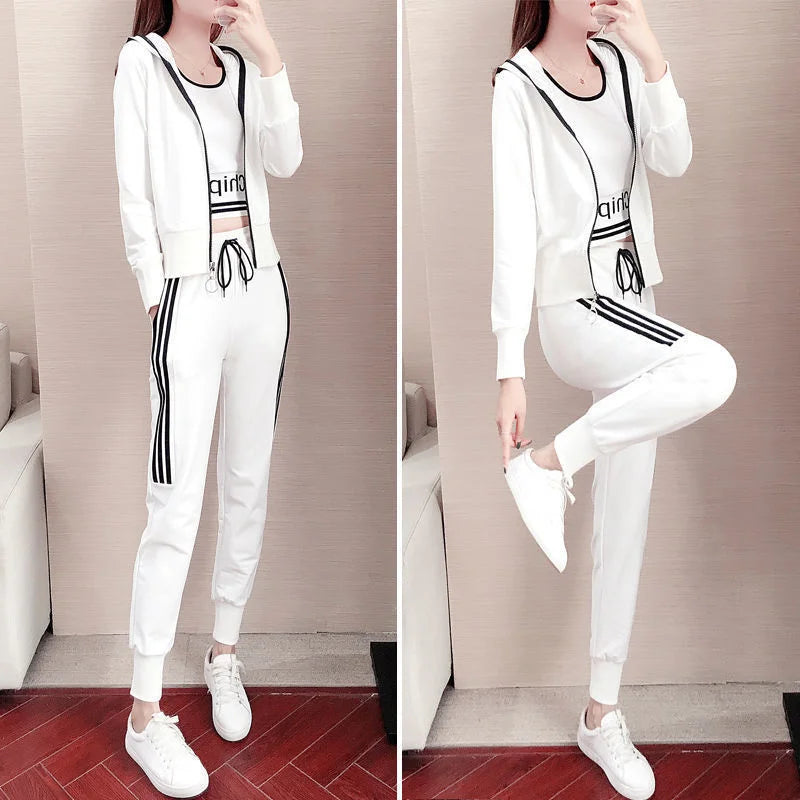 Women's Tracksuit Spring Autumn New Korean Fashion Loose Cropped Hoodie Coat Vest Pants Three Piece Set Jogging Suits For Women