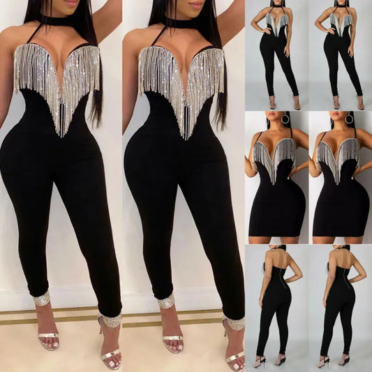 Women Tassels Jumpsuit Romper Spring Autumn Sleeveless V Neck Pants Jumpsuit Clubwear Trousers Outfit Clothes For Female