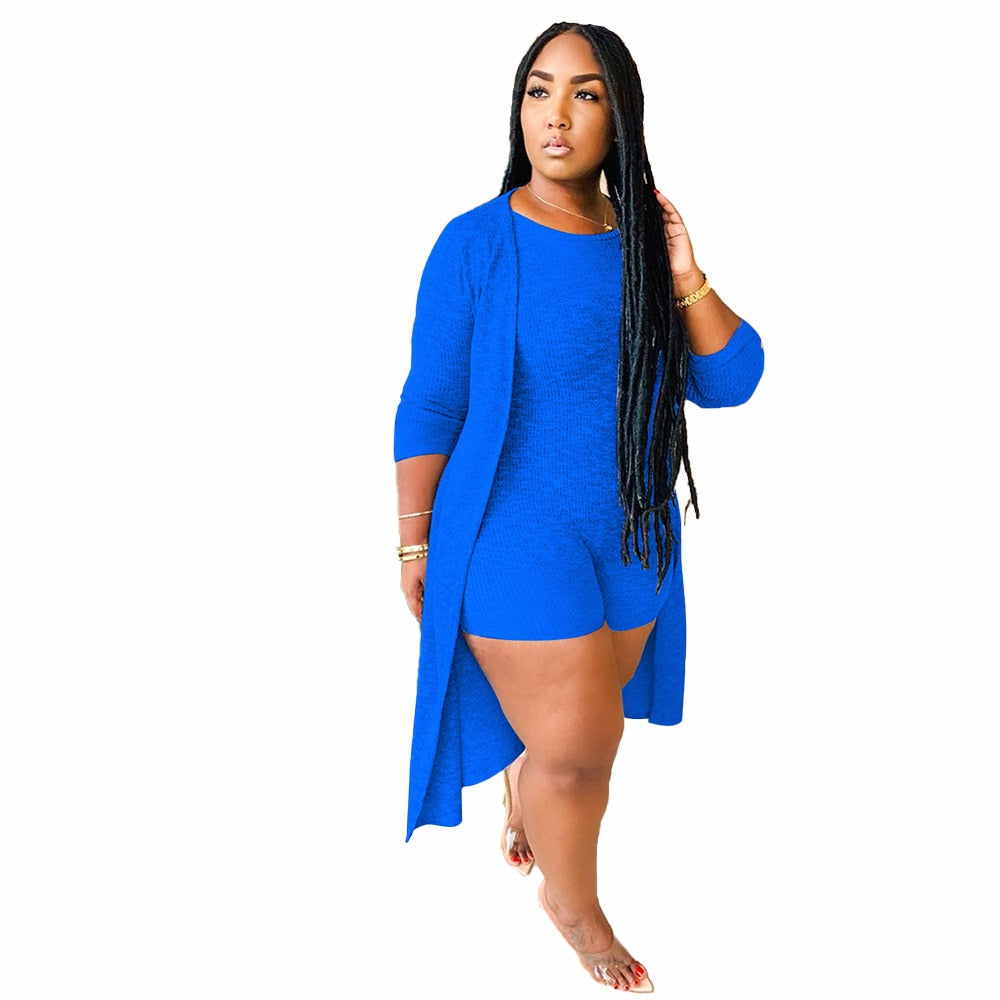 Women Plus Size Casual Two Piece Sets 2021 Spring New Arrivals O-neck Skinny Short Jumpsuits Long Sleeve Midi Cardigan Outfits