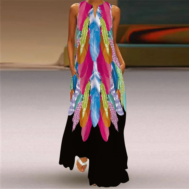 Sexy V-neck Sleeveless Dress For Women Summer Fashion Sundress Retro Print Long Dresses With Pocket Maxi Dress Femme Vestidos