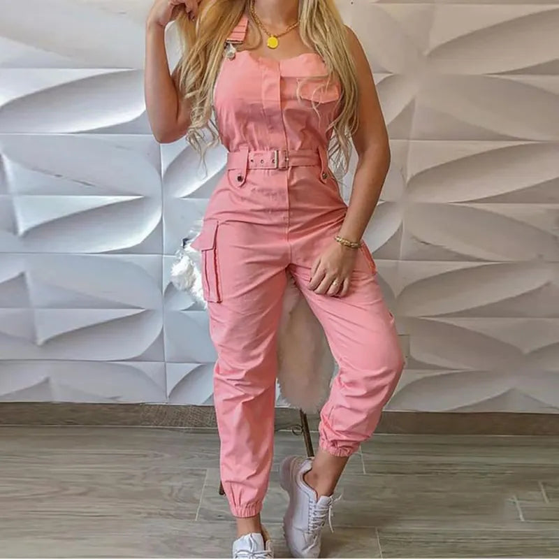 Strap Jumpsuit Women Loose Dungarees Long Rompers Summer Solid Pockets Cargo Pants Female Casual Work Out Playsuits