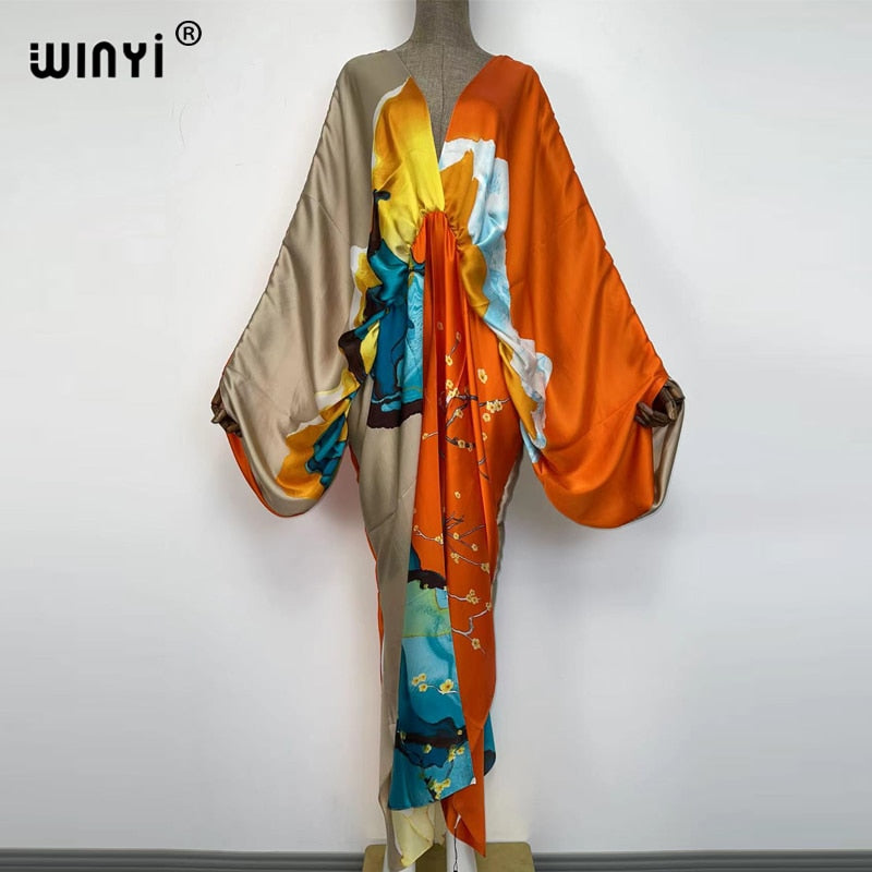 Sexy bech high-quality hand-rolled feel silk rayon fashion print 2021 WINYI Maxi women&#39;s robes long beach V-neck Bohemian dress