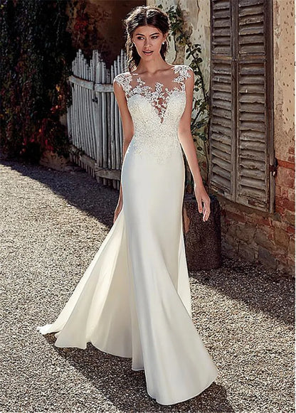 Customized Scoop Short Sleeve Lace Appliques Mermaid Wedding Dresses Natural Slim Buttons Back Women Bride Gown Illusion Vestido