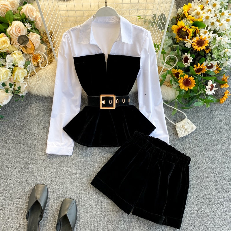 DEAT 2023  Spring Spring Long Sleeve Patchwork Velvet Size Small Tops With Belt High Waist Shorts Two Piece Set Women MH334