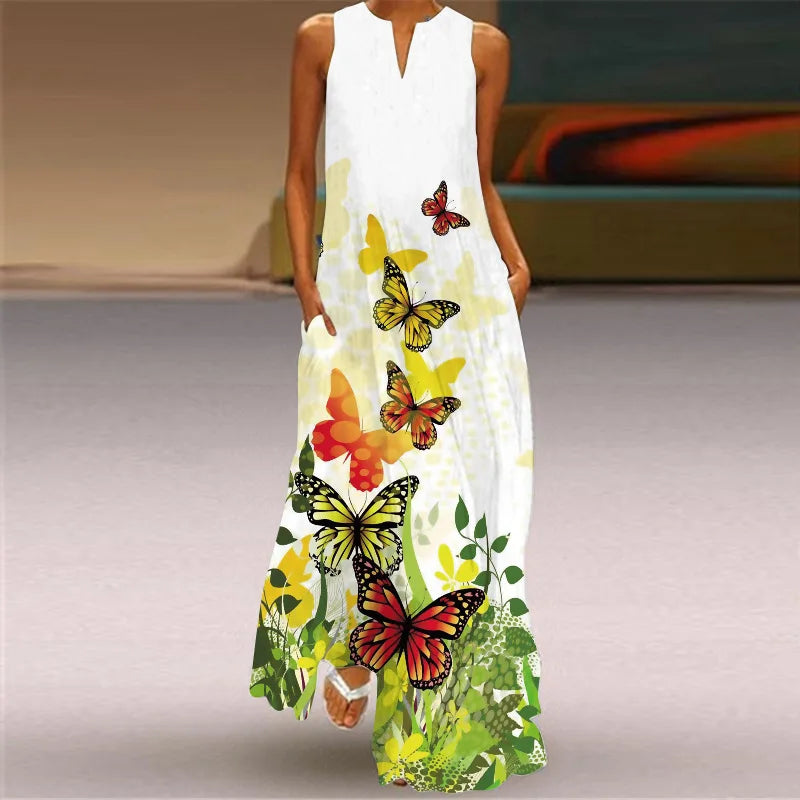 Sexy V-neck Sleeveless Dress For Women Summer Fashion Sundress Retro Print Long Dresses With Pocket Maxi Dress Femme Vestidos