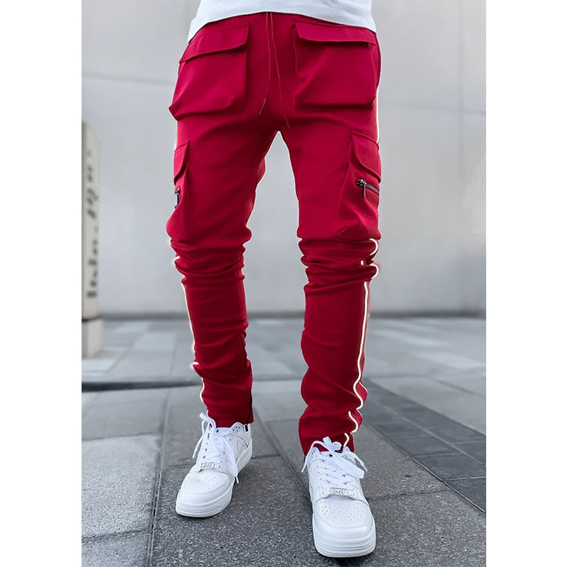 GODLIKEU Pantaloni cargo primăvară toamnă bărbați elastici cu mai multe buzunare reflectorizante drepte sport fitness pantaloni casual pantaloni de jogging