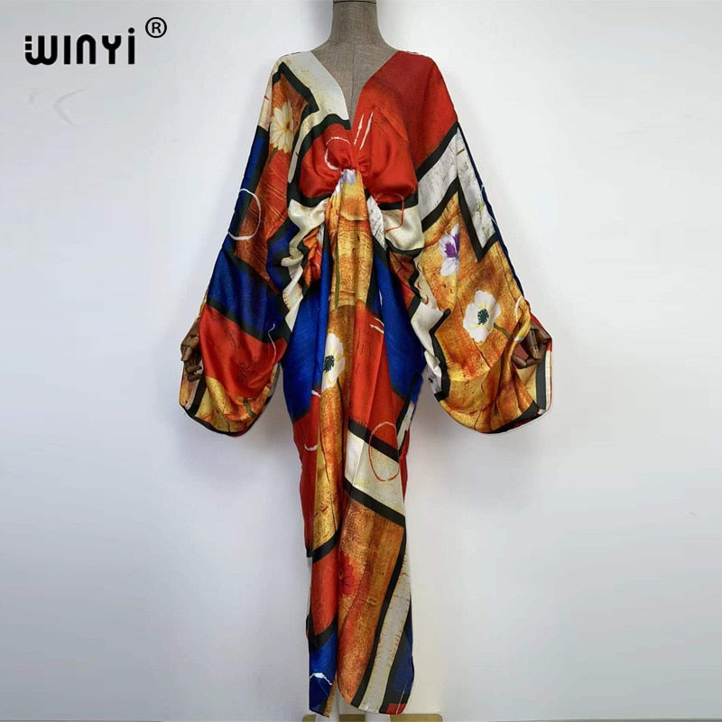 Sexy bech high-quality hand-rolled feel silk rayon fashion print 2021 WINYI Maxi women&#39;s robes long beach V-neck Bohemian dress