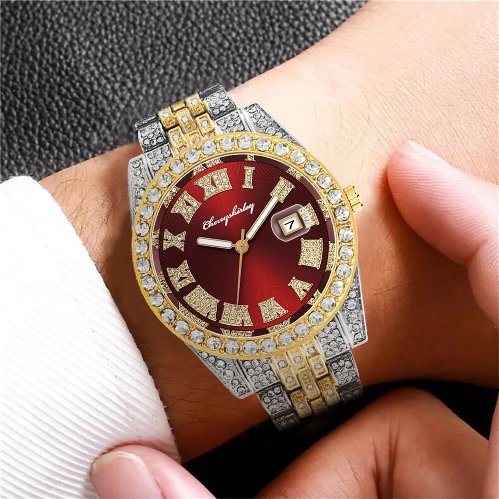 Men Iced Out Watches Luxury Full Diamond Gold Stainless Steel Quartz Wristwatches Clock Gift Relogio Masculino