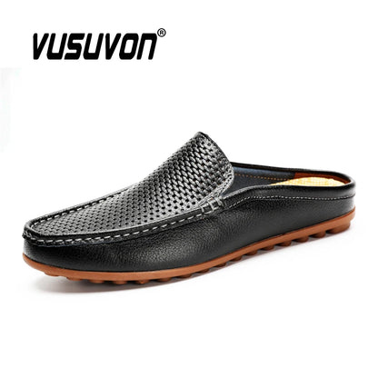 Italian Men Slippers Genuine Leather Loafers Moccasins Outdoor Non-slip Black Casual Slides Summer Spring Fashion Shoes