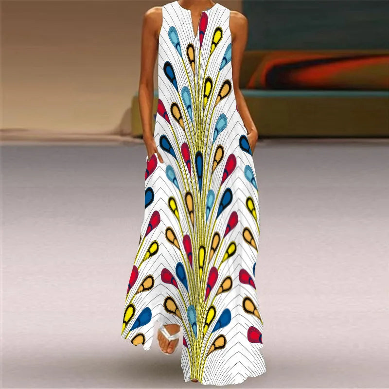 Sexy V-neck Sleeveless Dress For Women Summer Fashion Sundress Retro Print Long Dresses With Pocket Maxi Dress Femme Vestidos