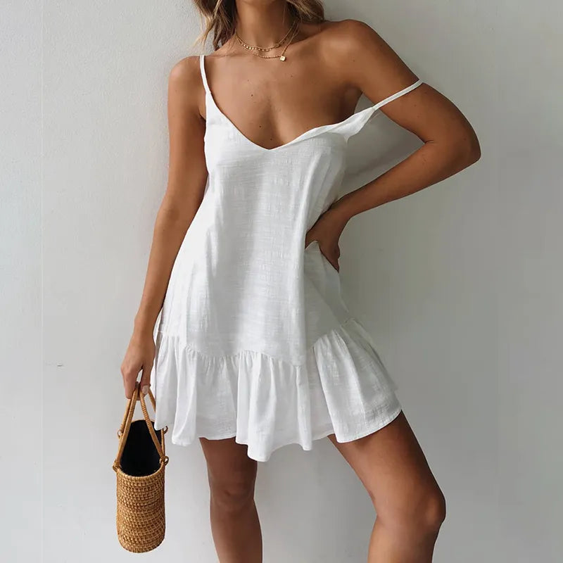 Dress 2023 Spaghetti Strap Dresses Off Shoulder Women Summer White Shift Dress Ruffle Sexy Sundress Mini Cotton Linen Vestidos