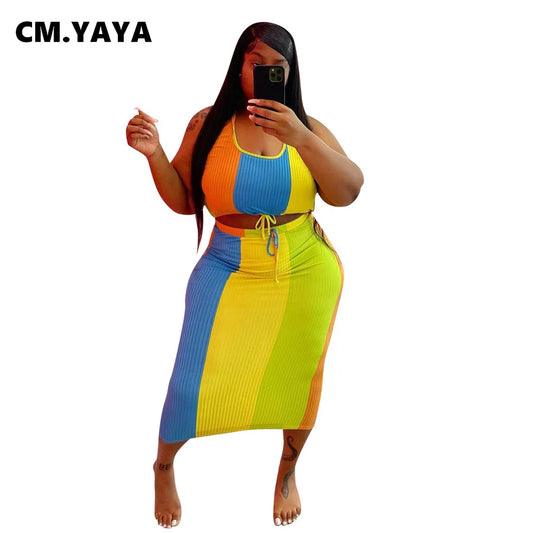 CM.YAYA Women Plus Size Set Patchwork Crop Tanks Tops Drawstring Waist Midi Skirts Two 2 Piece Sets Sexy Fashion Outfit Summer