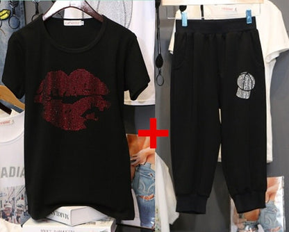 UHYTGF Loose size Two Piece Set Women Tracksuit Set Summer Tops For Womens  Casual Thin Sportswear Diamond Hat Top Pants 119