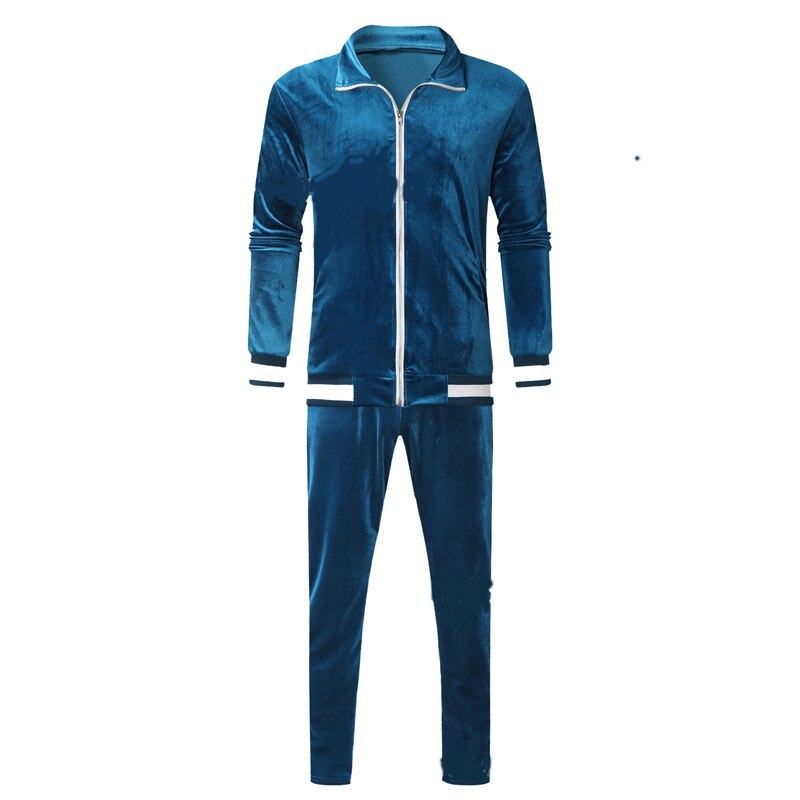 Newest Men Velvet Tracksuits Splicing Sports Suit Male 2-Piece Set Hoodies+ Pants Blue Sweatshirt Spring Autumn Sportswear