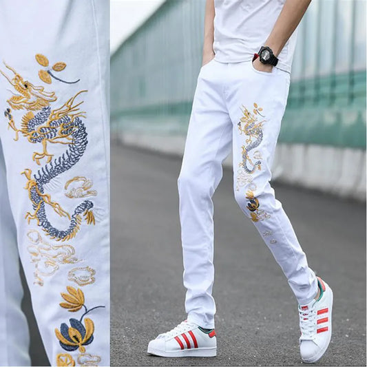 Korea Version Men’s High Quality White Jeans, Embroidery Slim Stretch Jeans,Light Luxury Sexy Jeans, Stylish Street Jeans;