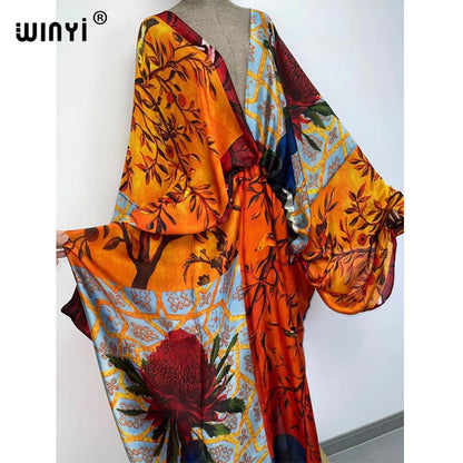 Sexy bech high-quality hand-rolled feel silk rayon fashion print  WINYI Maxi women's robes long beach V-neck Bohemian dress