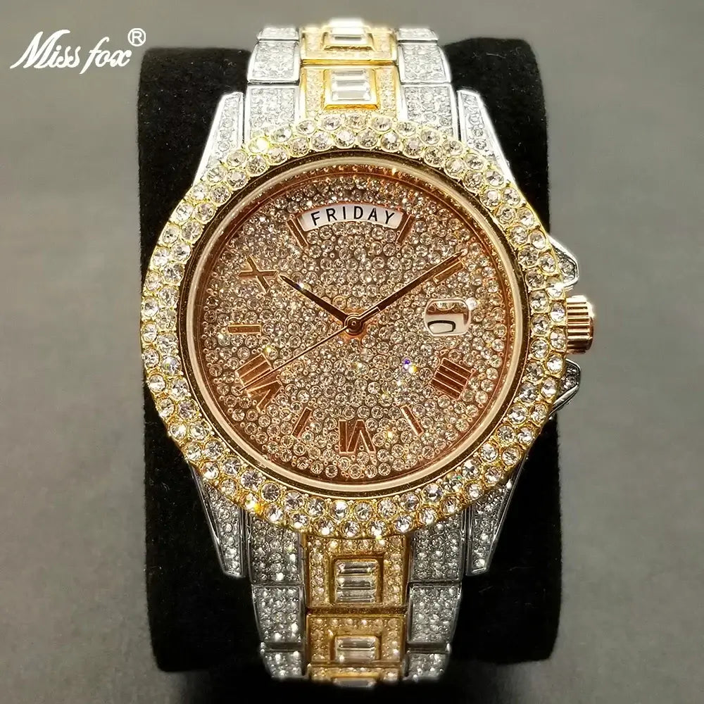 Vollvergoldete Eisuhr für Herren, Luxuriöse goldene Hip-Hop-Diamant-Quarz-Herrenuhren, Wasserdicht, Tagesdatum, Bestsellerprodukt 2023