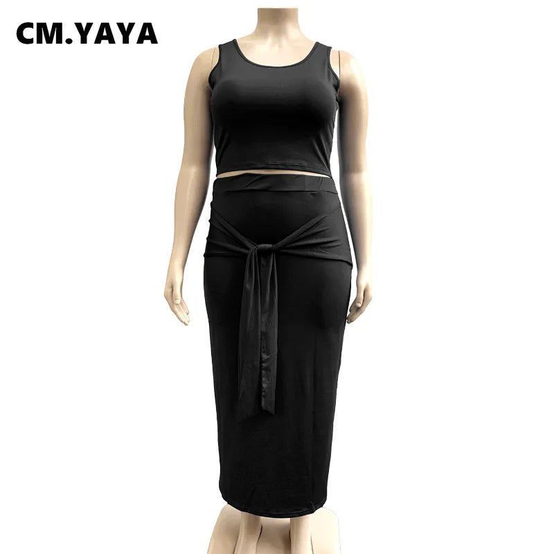 CM.YAYA Women Sets Plus Size Solid Tank Tops Bandage Sheath Elastic Long Skirts Two 2 Piece Set Tracksuit Summer Outfit 2021