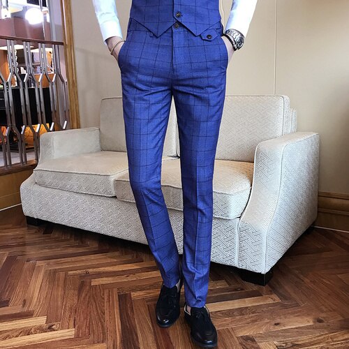 2021Autumn New Men&#39;s suit pants slim plaid slim suit trousers men&#39;s fashion cotton plaid  business casual suit trousers