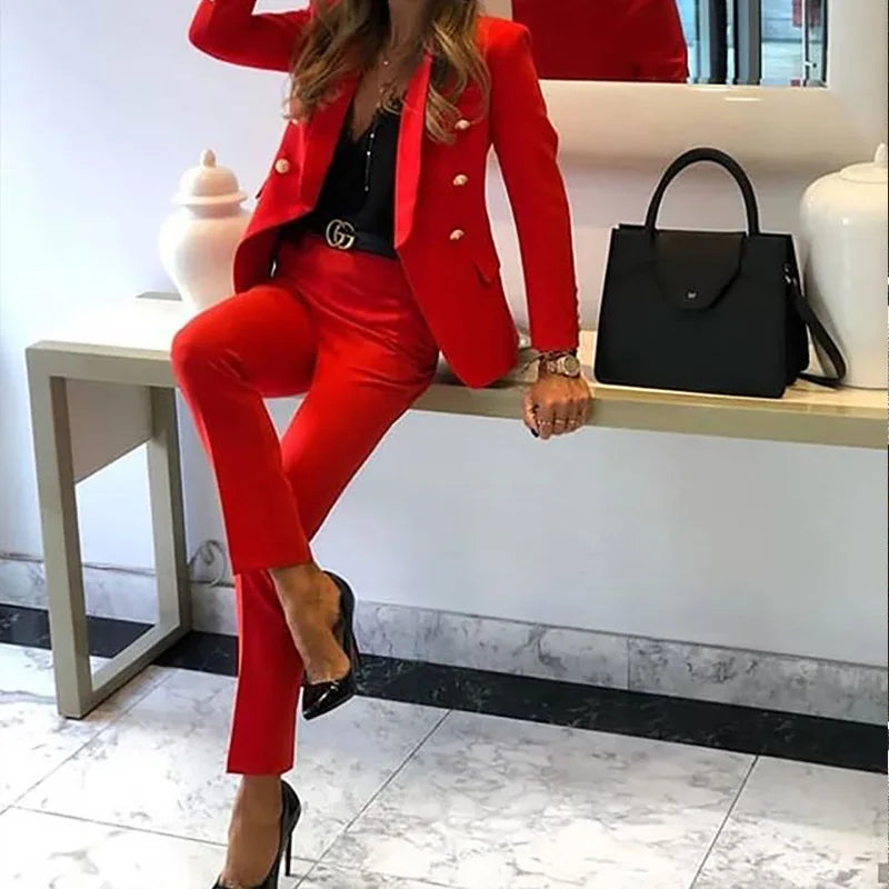 Women Jacket Blazer Suit Fashion Casual Ladies Solid Color Two Piece 2021 Autumn Winter Office Wear Elegant Suit Jacket Pants