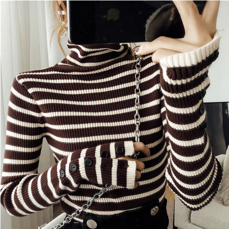 Turtle Neck Women Striped Sweater Autumn Winter New Korean Fashion Slim Pullover Basic Top Soft Knit Sweaters Long Sleeve Button