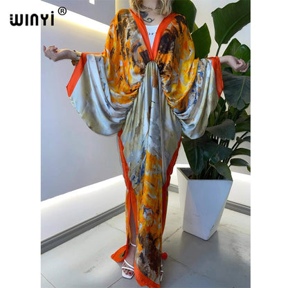 Sexy bech high-quality hand-rolled feel silk rayon fashion print  WINYI Maxi women's robes long beach V-neck Bohemian dress