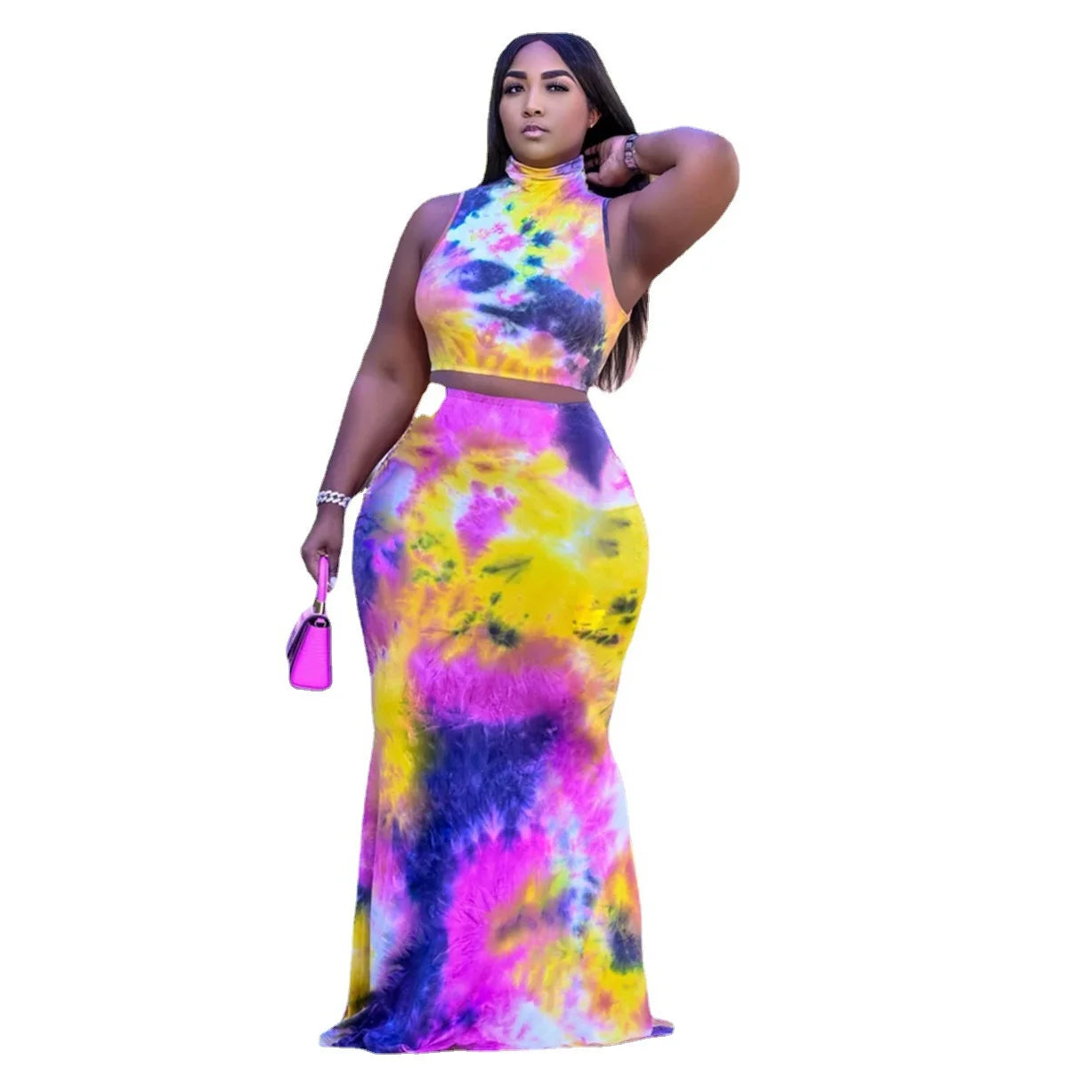 XL-5XL Plus Size Sets Women Clothing Summer 2022 Sexy Tie Dye Sleeveless Top And Long Skirt 2 Two piece set dress suit Wholesale
